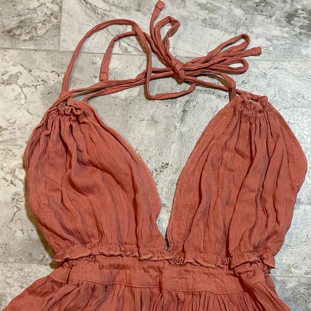 Boho Terracotta Halter Mini Dress Sz Med Deep-V Backless Ruffle Lace Skirt - Picture 6 of 12